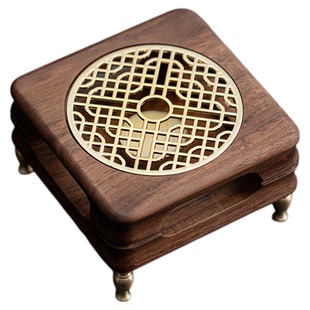 画续胡桃木铜足鼎煮茶炉中式家用蜡烛加热温茶器底座炒茶提香加热