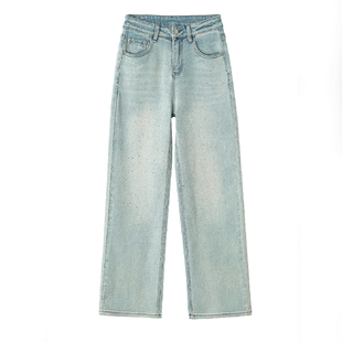 满天星烫钻牛仔裤女直筒2026新款浅蓝高腰宽松显瘦垂感窄版阔腿裤