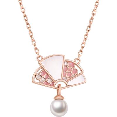 纯银国潮风扇子情侣珍珠项链