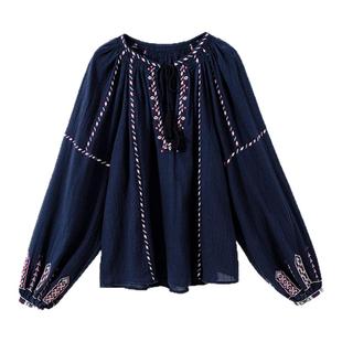 现货【游牧诗人】皱感肌理面料 波西米亚系带十字绣衬衫+短裤套装