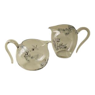 里作 新中式墨彩松鹤玻璃公道杯精致创意透明带把分茶器茶具茶海