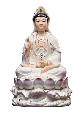 悟闻陶瓷水浪坐莲描金观音像摆件