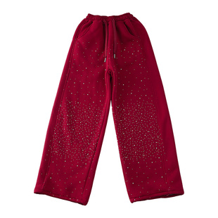 女童裤子加绒冬季新款烫钻阔腿红色休闲儿童运动一体加厚卫裤保暖