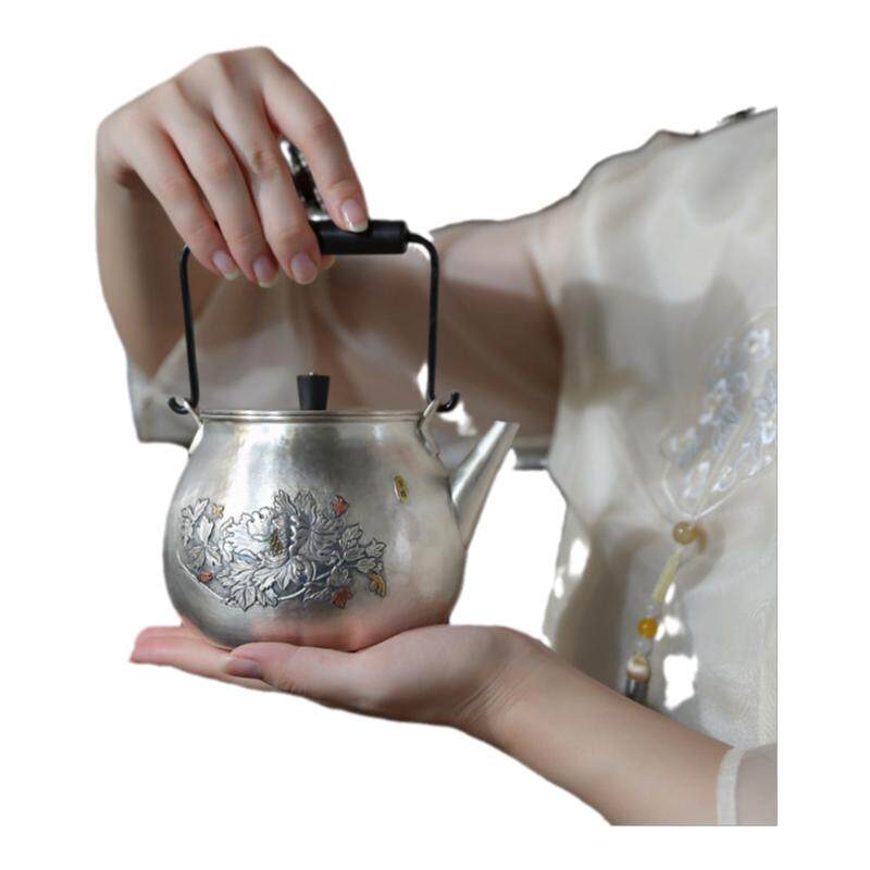 纯手工日式刻花复古茶道银壶