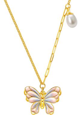 周六福蝴蝶结项链女珍珠链坠S925银黄金色小众节日礼物送女友