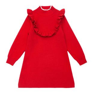 女童毛衣连衣裙秋冬季修身洋气红色花边儿童装中长款针织新年裙子