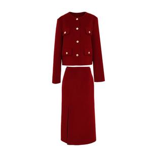 DPLAY2025年冬季小香风红色100羊毛外套半身长裙双面毛呢套装女