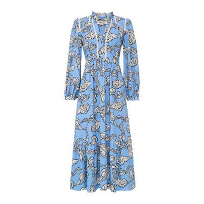 DVF2026春夏新款度假淡蓝线描花影仿亚麻布长袖收腰茶歇裙DL1U001