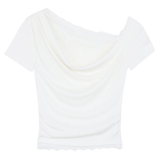 pusumede热辣小衫|一字斜肩拼接蕾丝荡领短袖t恤女设计感露肩上衣