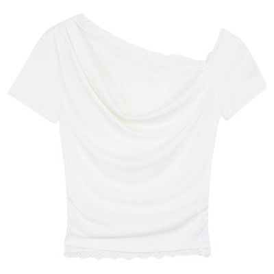 pusumede热辣小衫|一字斜肩拼接蕾丝荡领短袖t恤女设计感露肩上衣