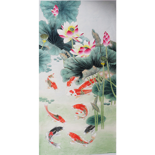 四尺锦鲤 纯手绘工笔画 手工国画荷花九鱼图 没题款无款画0454