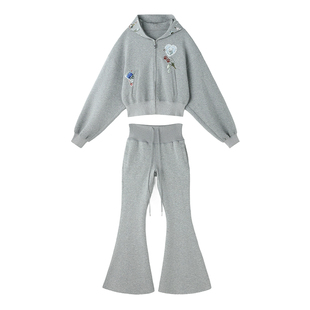 FTT FlyTheTruth『她的思绪』 韩系灰色短款连帽卫衣外套女秋套装