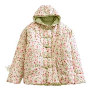 年轻人洋气棉花棉袄女款冬季新款格子连帽棉服中式国风盘扣棉衣