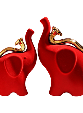 红色陶瓷大象招财吉祥物摆件