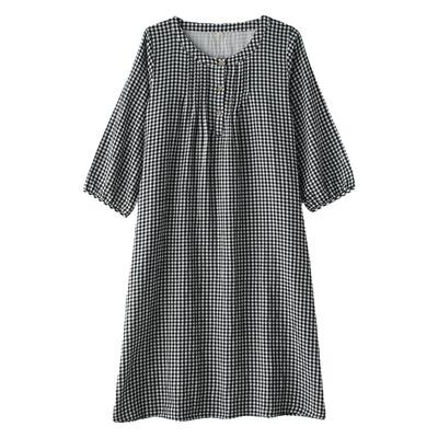 纯棉纱布春夏薄款格子长袖睡裙