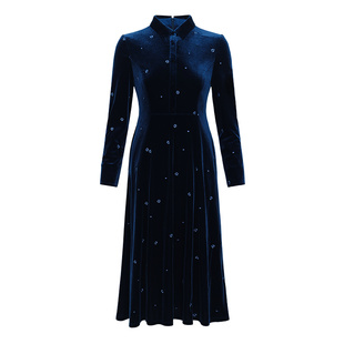 黛玛诗显瘦花裙子冬季新款优雅藏蓝色金丝绒绣花连衣裙伞裙女时尚