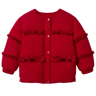 女童红色毛领棉服冬装2026新款甜美风蝴蝶结短款新年过年外套加厚