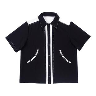 【年终福利】IN EXISTENCE存世 黑白拼色珠边拼皮短袖衬衫