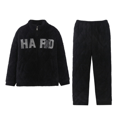 珊瑚绒三层夹棉睡衣男款冬季加厚保暖可外穿青少年学生字母家居服