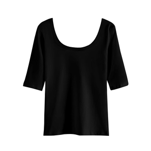 莫代尔U领中袖打底衫女夏季修身内搭黑色薄款五分袖低领半袖上衣