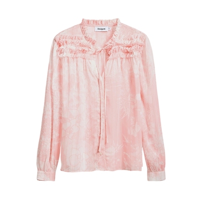 Desigual雪纺亮丝粉色手绘印花木耳边叠折耳荷叶边衬衫