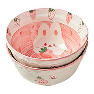 草莓兔陶瓷碗饭碗可爱餐具一人食碗碟套装家用高颜值碗筷盘子菜盘