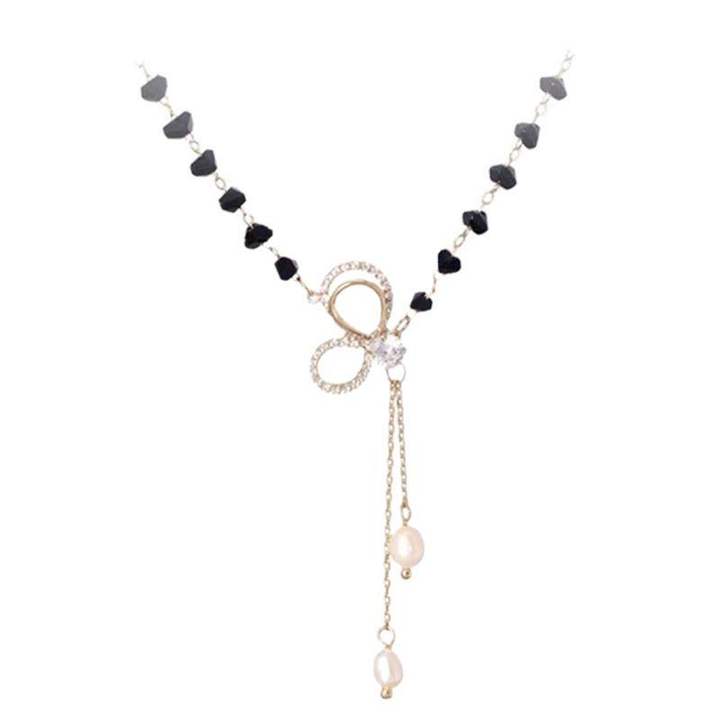 黑水晶蝴蝶结项链女精致小众设计感2025年新款潮高级大气百搭颈链