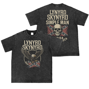 Lynyrd Skynyrd乐队直喷水洗做旧复古灰美式街头朋克摇滚短袖T恤