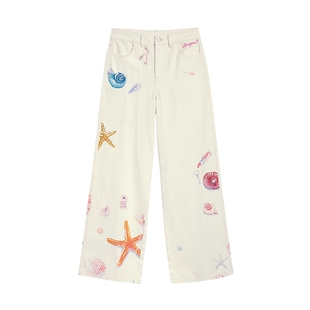 Desigual26春夏新品海洋手绘海星印花刺绣白色女士牛仔裤