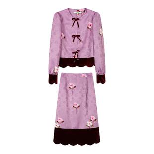 tanni冬新款优雅气质紫色中式提花泡泡袖圆领套装TO31OW017A