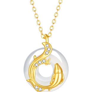 六桂福锦鲤吊坠女款S925纯银平安扣玉石项链送女友妇女节礼物