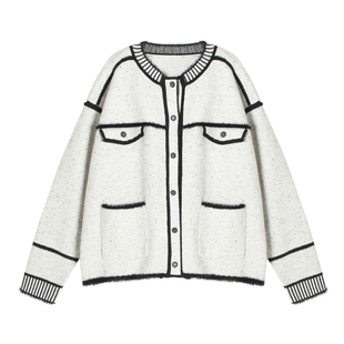 周里物/白色小香风外套女春季2025新款圆领毛边长袖毛衣外套夹克