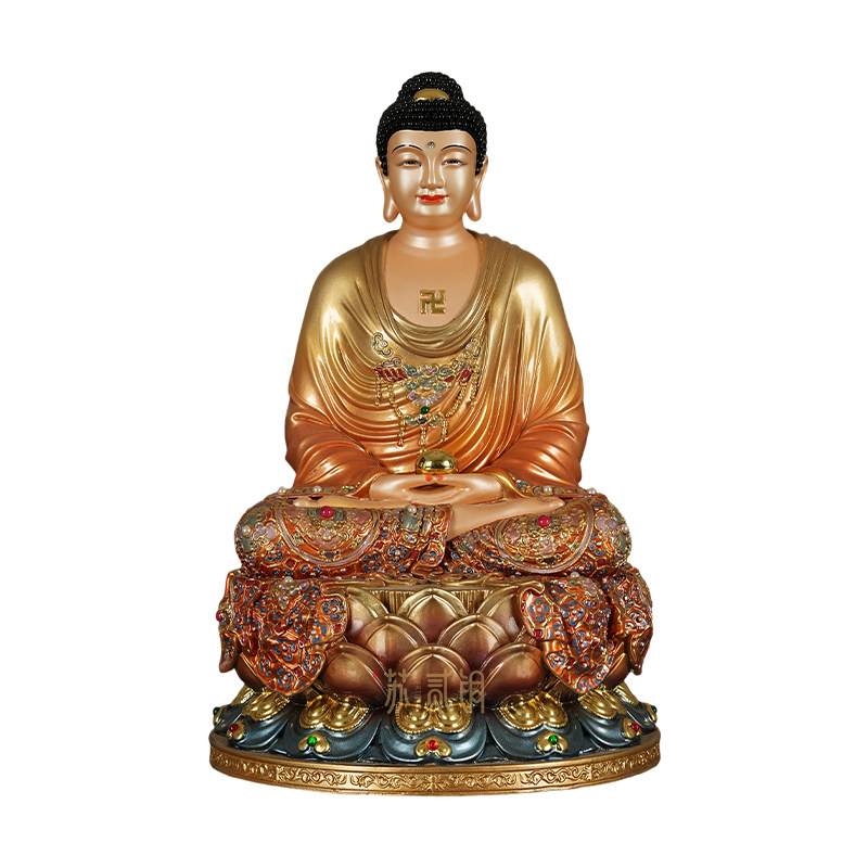 纯铜彩绘全堂佛像家用供奉摆件