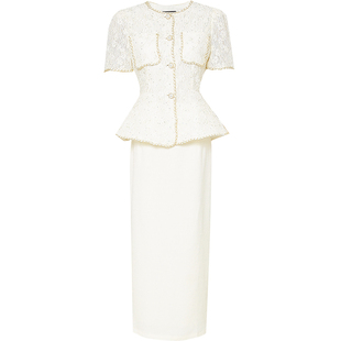 2026夏季新款女装气质两件套蕾丝短袖上衣一步开衩半裙套装潮