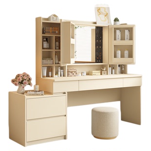 定制橡木真实木梳妆台隐藏镜子平开门收纳储物小户型主卧室化妆桌