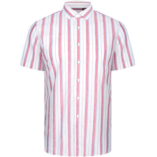 乔治白夏季男士薄款短袖衬衫尖领棉麻衬衣粉白条纹休闲直筒上衣