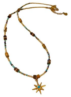 不规则串珠金色八芒星吊坠项链