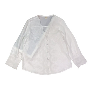 现货20法式度假风精品百搭超仙V领宽松纯棉刺绣长袖衬衫气质上衣