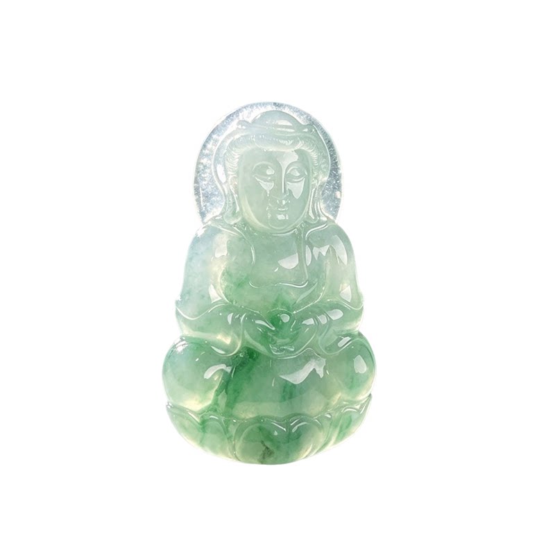 七彩云南缅甸A货天然翡翠糯冰种飘龙阳绿翡翠观音挂件吊坠