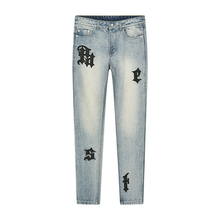 PASET贴布绣做旧修身显瘦美式牛仔裤子男潮复古水洗辣妹长裤休闲