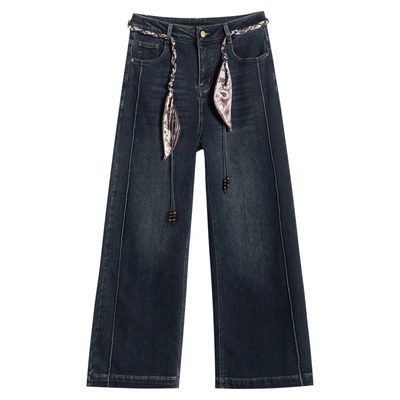 复古蓝加绒牛仔直筒裤女秋冬新款