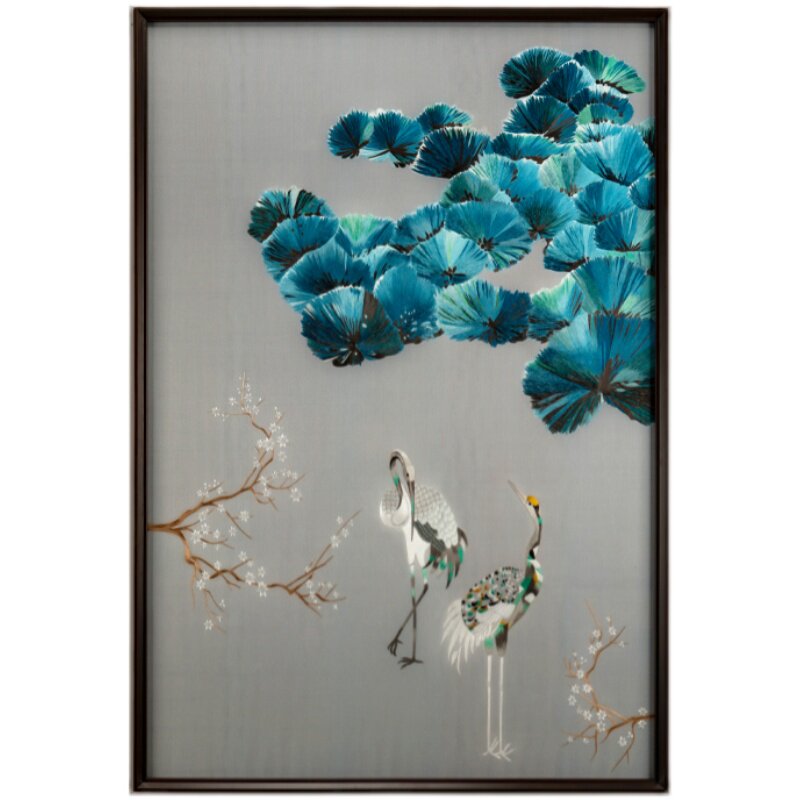 现货新中式手工苏绣玄关挂画松鹤延年送礼祝寿吉祥过道背景装饰画