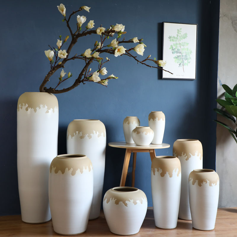 落地大花瓶现代简约客厅插花花器白色粗陶陶罐家居装饰品陶瓷摆件