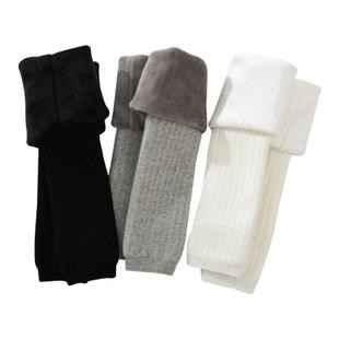 儿童打底裤加绒加厚棉竖条纹一体外穿保暖裤女童白色九分裤舞蹈裤