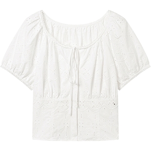 KBNE镂空短袖女装白色方领泡泡袖小衫雪纺衫2026夏季新款衬衫上衣