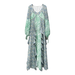 玫瑰故事刘亦菲黄亦玫同款拼色碎花连衣裙甜美灯笼袖海边度假长裙