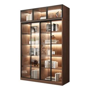 实木书柜落地家用客厅展示柜置物柜带推拉玻璃门定制移门书架书橱