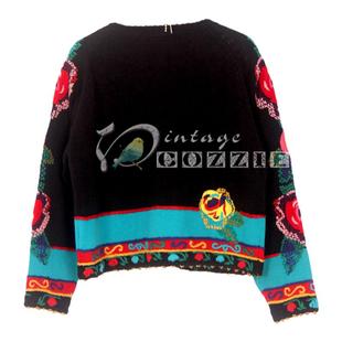 美国Vintage 红绿粉蓝撞色手工十字刺绣钉珠彩虹玫瑰花朵毛衣开衫