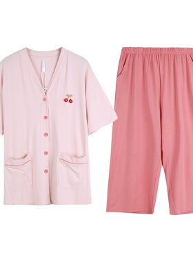 猫人纽扣开衫莫代尔棉睡衣套装女士春夏薄款短袖七分裤宽松家居服