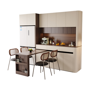 奶油中古风内嵌冰箱餐边柜可旋转隐藏式岛台餐桌圆弧靠墙收纳柜子